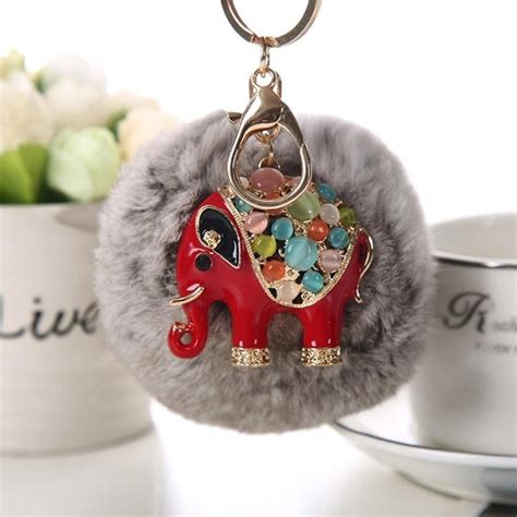 AutumnFall Rabbit Fur Ball Elephant Keychain Bag Plush Key Ring Car