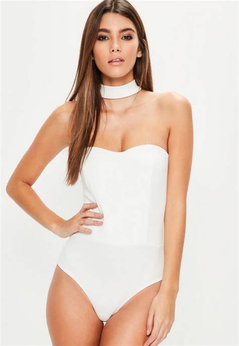 White Choker Neck Sweetheart Bandeau Bodysuit Missguided Women Tops