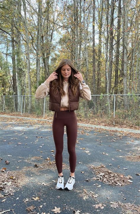 Fall Outfits Comfy Casual Brown Leggings Puffer Vest Fall Aesthetic On Cloud Trendy