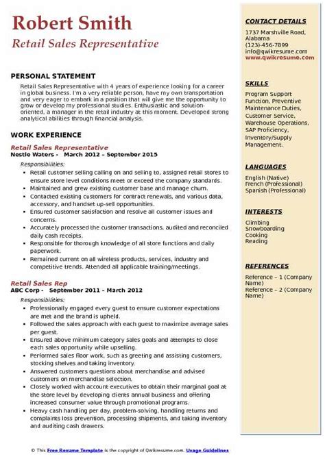 Retail Sales Rep Resume Samples Qwikresume