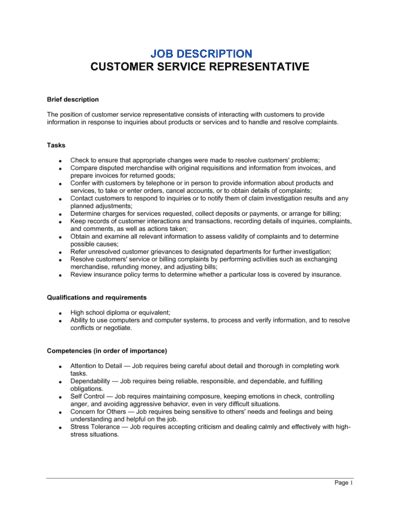 Customer Service Representative Job Description Template Download