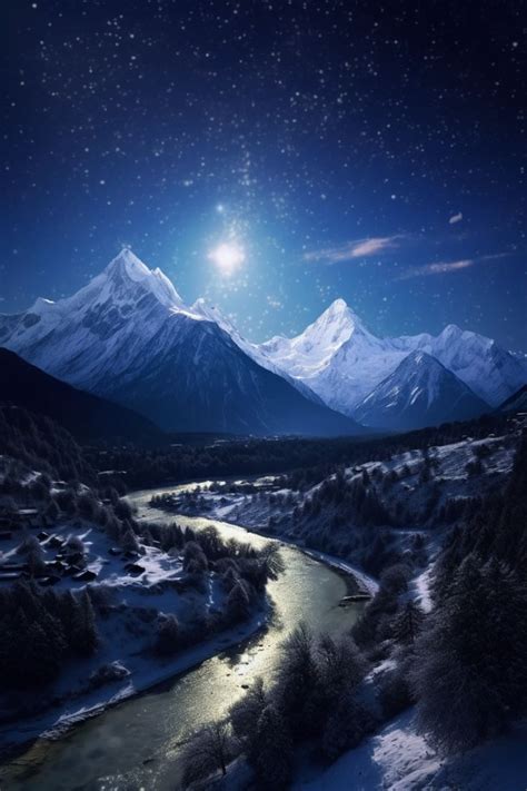 Snowy Valley Mountain Print Art Captivating Winter Landscape