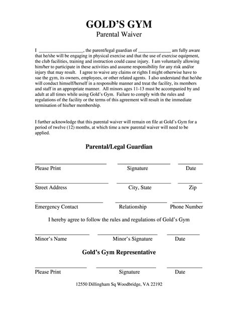 Gold S Gym Parental Waiver Fill And Sign Printable Template Online