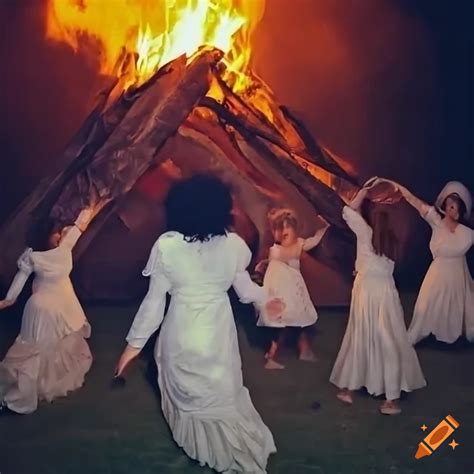 Artistic Depiction Of Women Dancing Around A Bonfire At Night