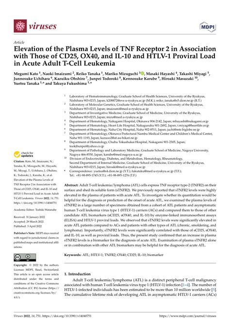 PDF Elevation Of The Plasma Levels Of TNF Receptor 2 In Association