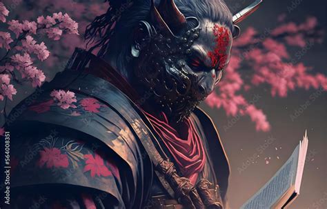 Artistic Illustration Samurai With A Book Wearing An Oni Demon Mask