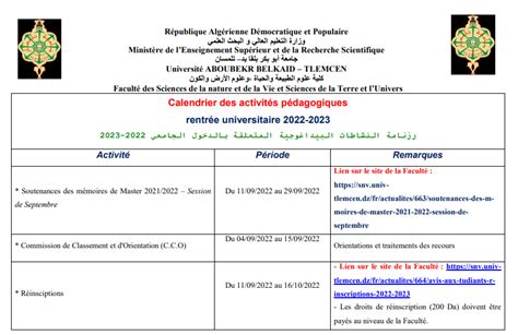 Calendrier Des Activités Pédagogiques Pour La Rentrée Universitaire 2022 2023 Université Abou