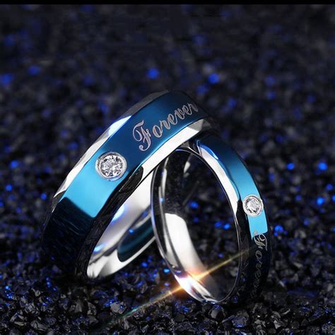 Engravable Blue Forever Love Promise Ring For Couple In Titanium