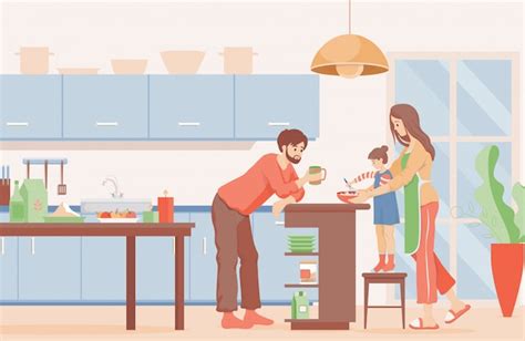 Ilustraci N Plana De Tiempo Familiar Madre Padre E Hija Cocinando