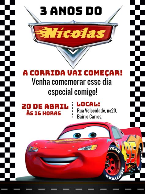 Convite Aniversário Carros Relampago McQueen Edite grátis nosso