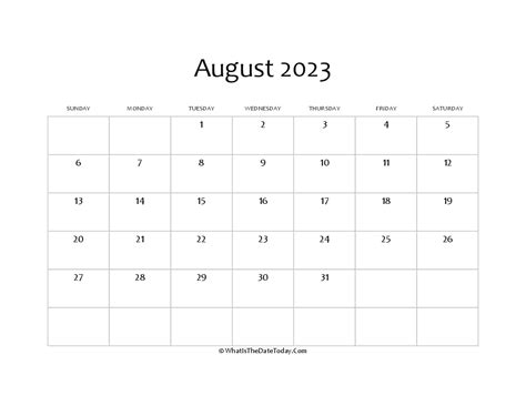 Blank August Calendar Editable Whatisthedatetoday