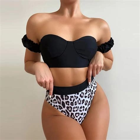 Luipaard Off Shoulder Bikini Vrouwelijke Badpak Vrouwen Badmode