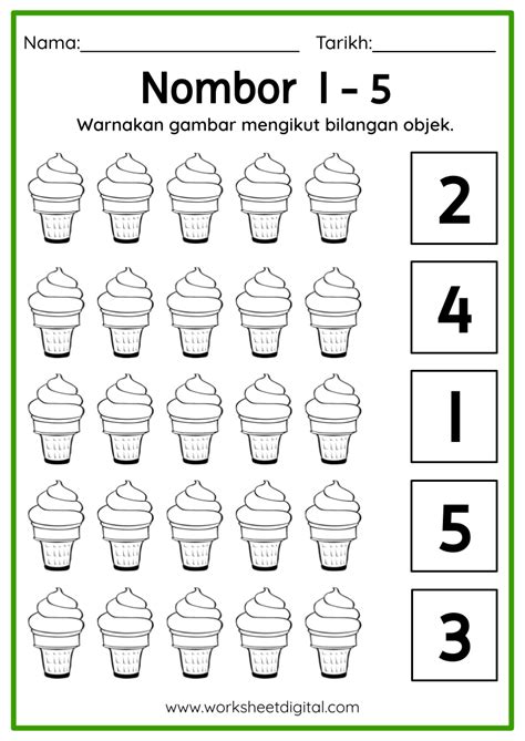 Nombor 1 5 Worksheet Digital