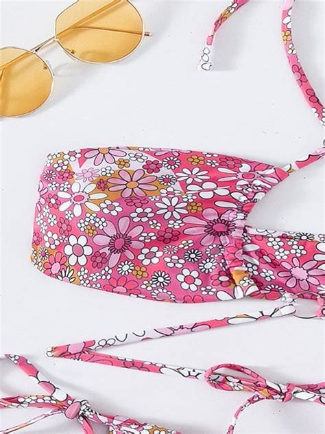 Emmiol Free Shipping 2023 Criss Cross Tie Floral Bikini Set Pink M In