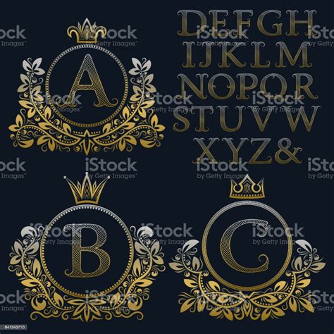 Vintage Monogram Kit Golden Patterned Letters And Floral Frames Stock