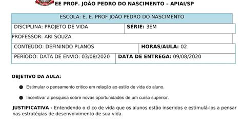 Plano De Aula Projeto De Vida