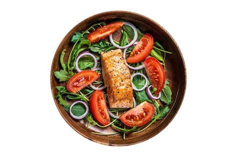 Premium Photo Salmon Fillet Steak Salad With Green Leaves Arugula