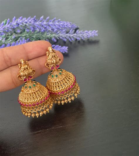 Antique Gold Finished Ruby Emerald Goddess Lakshmi Jhumkas Etsy