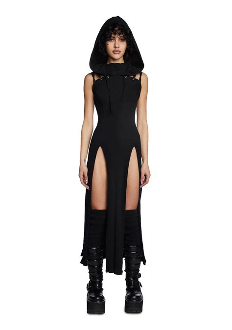 Darker Wavs Hooded High Slit Maxi Dress Black Dolls Kill