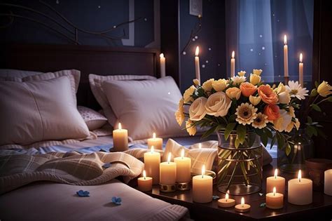 Premium AI Image | Night interior of bedroom with flowers and burning ...