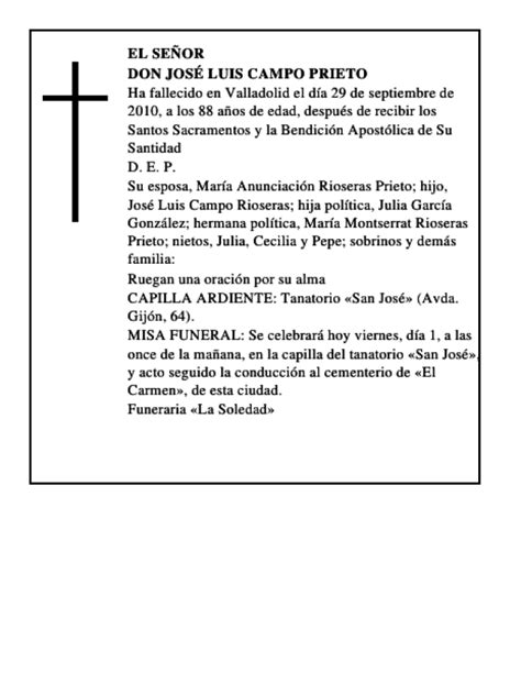 Don José Luis Campo Prieto Esquela Necrológica El Norte de Castilla