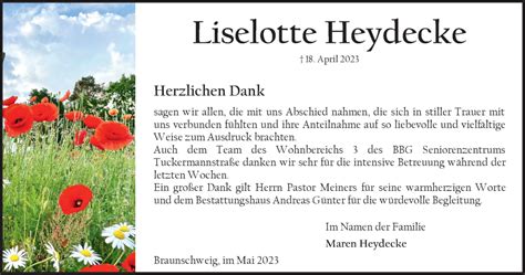 Traueranzeigen Von Liselotte Heydecke Trauer De