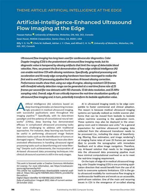 Artificial Intelligence Enhanced Ultrasound Flow Imaging At The Edge Pdf Medical Ultrasound