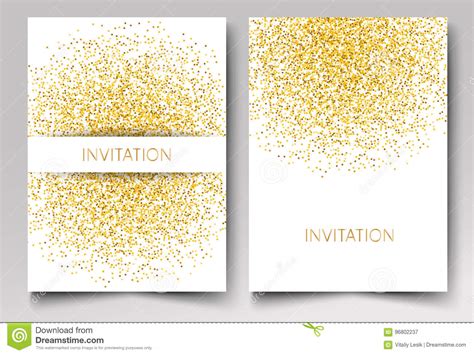 Template Design Of Invitation Gold Glitter Confetti On White Background