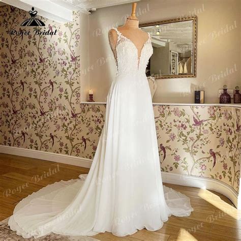 Spaghetti Straps Beach Wedding Dress Deep V Neck Lace Applique Chiffon