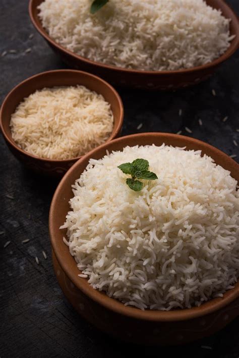 Cooked Plain White Basmati Rice In Terracotta Bowl Selective Focus