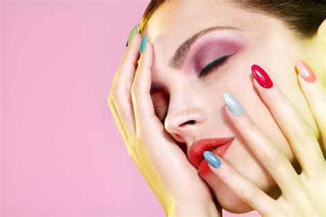 Beauty Shot Of Model Wearing Colorful Nail Polish Stock Photo Image