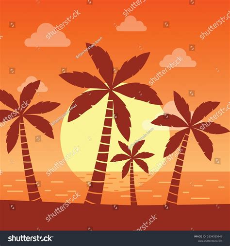 Tropical Beach Sunset Palm Trees Landscape Stock Vector Royalty Free