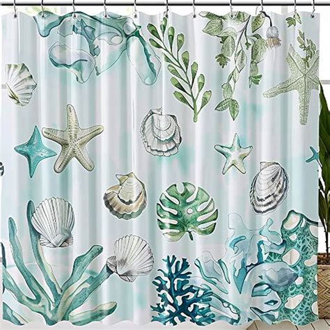 Seashell And Starfish Beach Theme Shower Curtain Set With Coral And