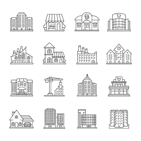 Conjunto De Iconos Lineales De Edificios De La Ciudad Vector Premium