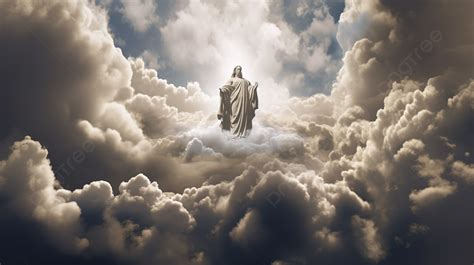 Jesus Atop A Cloud In The Sky Background Picture Of God In The Clouds