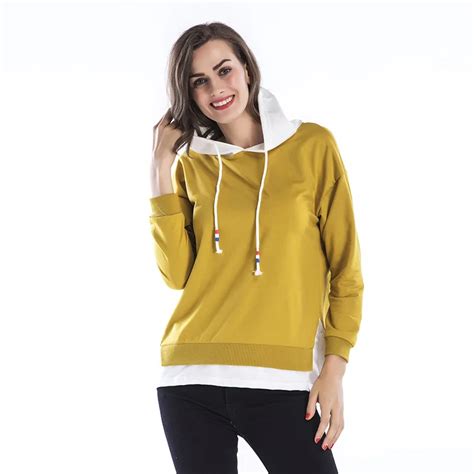 Autumn Women Fashion Patchwork Color Hoodies Womens Casual Drawstring Long Sleeve Irregular