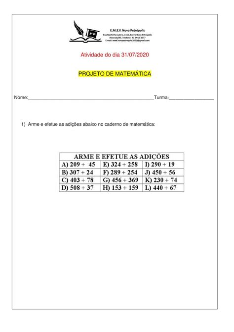 Ead Emef Nova Petr Polis Turma E Projeto De Matem Tica Prof