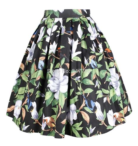 40 Vintage 50s Floral Bird Print Pleated Swing Skirt Rockabilly Pinup