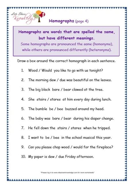 Homograph Worksheet For Grade