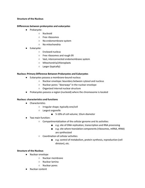 MCB Exam Notes Structure Of The Nucleus Differences Between