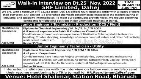 Srf Limited Dahej Walk In Interview On 25 November 2022