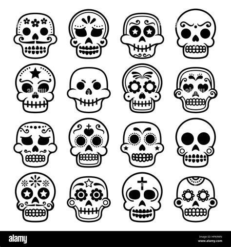 Halloween Mexican Sugar Skull Dia De Los Muertos Cartoon Icons