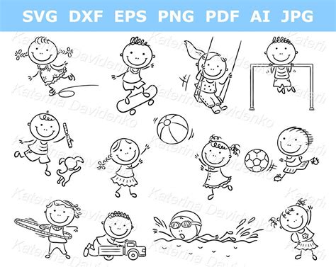 Cartoon Kids Outdoor Activities Black and White Clipart Children Sports ...