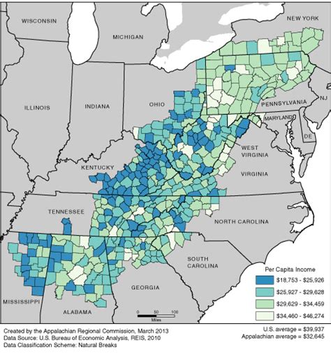 Per Capita Income Rates In Appalachia 2010 Appalachian Regional