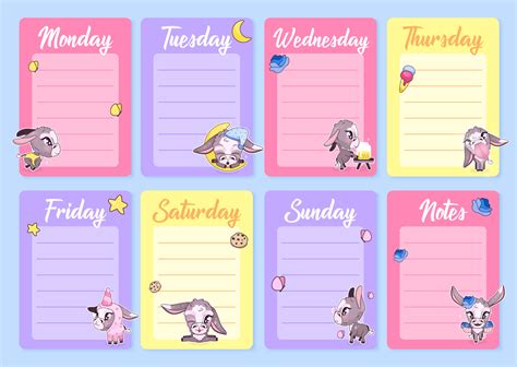 Cute Donkeys Weekly Planner Vector Template With Kawaii Cartoon