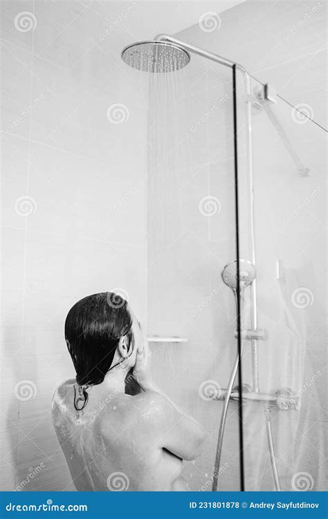 Rear View Naked Woman Washes Hair In The Shower Stock Photo Image Of