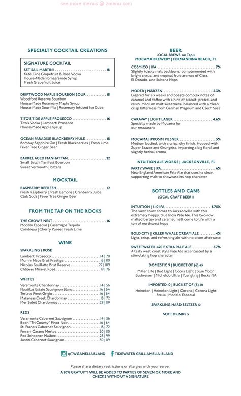 Online Menu Of Tidewater Grill At The Ritz Carlton Restaurant