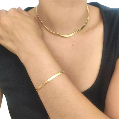 Conjunto Choker Pulseira Fita Laminada Malha Banhado A Ouro