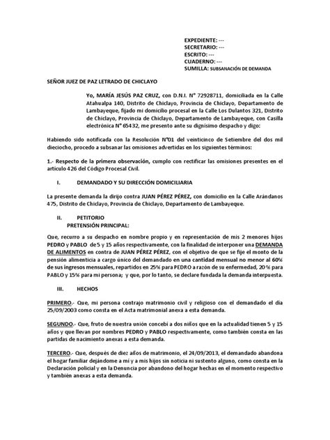 Escrito De Subsanación De Demanda De Alimentos Manutención De Los