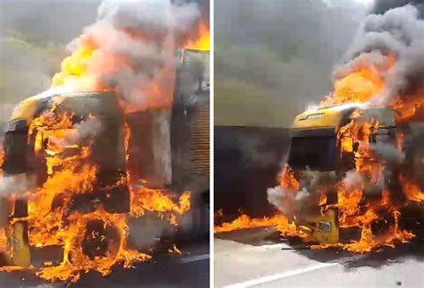 V Deo Caminh O Pega Fogo E Interdita Br Sentido Sc Aconteceu Em